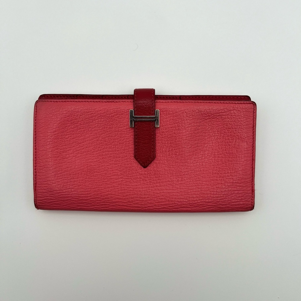 Hermes Chèvre Mysore Bi-Color Bearn Gusset Wallet Rose Lipstick Rouge Casaque